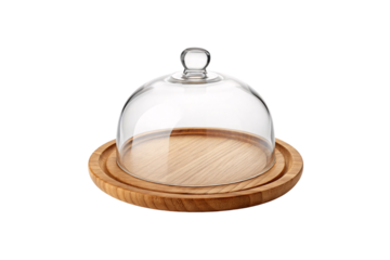 Glass dome cloche with wooden base for displaying food items or decorative objects, isolated on a transparent background