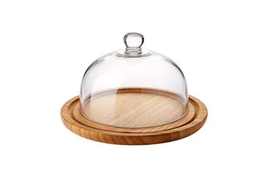 Glass dome cloche with wooden base for displaying food items or decorative objects, isolated on a transparent background