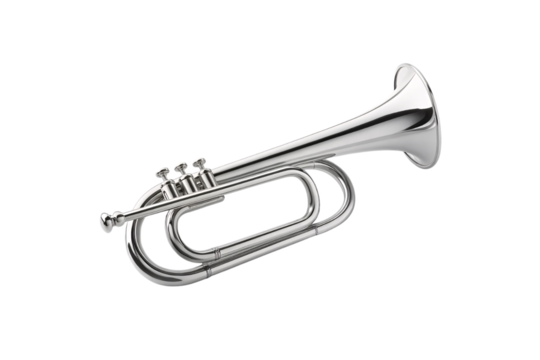 Chrome plated bugle with three finger valves and polished brass body in traditional concert style, isolated on a transparent background