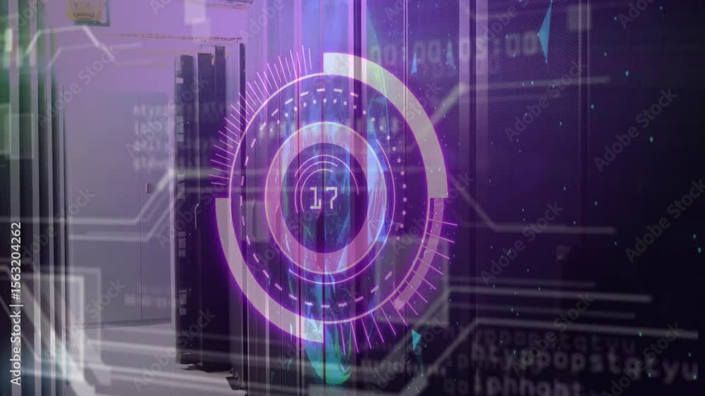 Poster server rack starting purple hud gauge, pulsing rotating rings updating numbers visualizing load