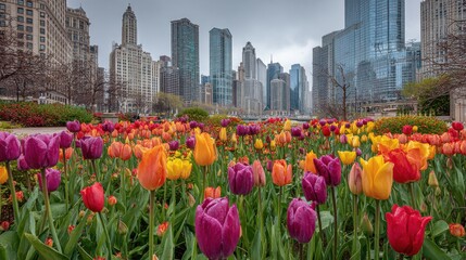 Beautiful Tulips of all types of colors in the city of Chicago, , no logos, no brands