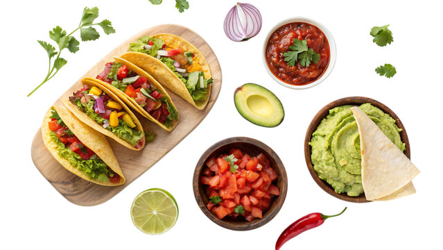 flat lay of traditional mexican food like tacos PNG Image - Powered by Adobe