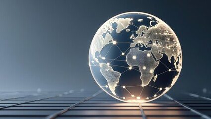 Futuristic digital globe with interconnected nodes representing global network connectivity and technology integrated world map on a sleek modern background