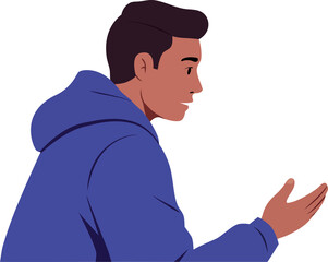 Man with dark hair in a blue hoodie gesturing with his hand and talking. Discussion, communication, or presentation concept.