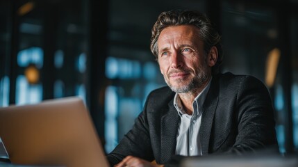 Happy mature business man executive manager looking at laptop computer watching online webinar or having remote virtual meeting, video conference call negotiation corporate training working in office