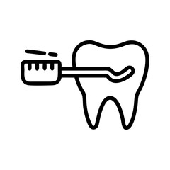 Tooth being brushed with toothbrush in minimalist line art style  