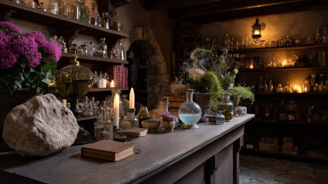 Cozy apothecary shop with rustic decor and herbal elements
