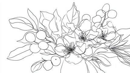 Botanical arts. Hand drawn continuous line drawing of abstract flower, floral, rose, tropical leaves, spring and autumn leaf, bouquet of olives. Vector illustration., no logos, no brands