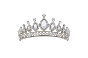 Luxurious multi-tier crystal crown with large pear-shaped gems and ornate silver base design, isolated on a transparent background