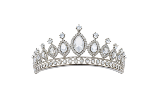 Luxurious multi-tier crystal crown with large pear-shaped gems and ornate silver base design, isolated on a transparent background