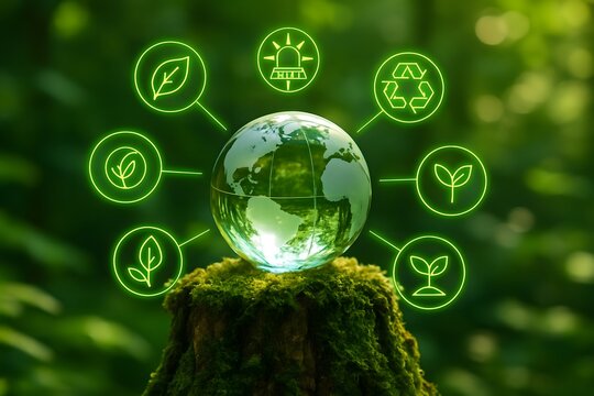 Global environmental protection and sustainability concept with glowing green icons