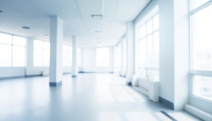 Fototapeta premium White blur abstract background of empty building hallway. Large windows provide bright soft lighting. Modern interior design, clean cold colors. Clinic, hospital, office or living space concept.