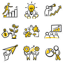 Set of creative concept vector illustrations showing people involved in business, marketing, design, social media, and content management, highlighting innovation and the creative process doodle.