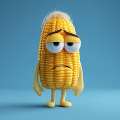 Sad Corn Character with Human Emotions on Blue Background