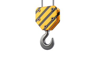 Industrial yellow and black striped crane hook with metal cables and safety construction equipment, isolated on a transparent background