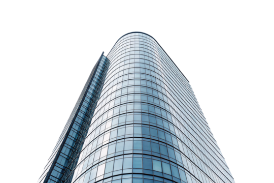 Modern curved glass skyscraper with reflective blue windows shot from low angle perspective, isolated on a transparent background