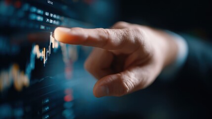 Fototapeta premium Crypto trader investor broker holding finger on buy or sell button executing financial stock trade market trading order thinking of cryptocurrency or shares assets investment risks and profit concept