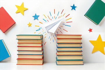Artistic flat lay, sharpened pencils arranged in circle like compass rose, white background, top-down view, symbolic direction, back to school




Stacked books and paper plane with stars on white ba
