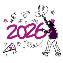 Festive person holding balloons near year number celebration