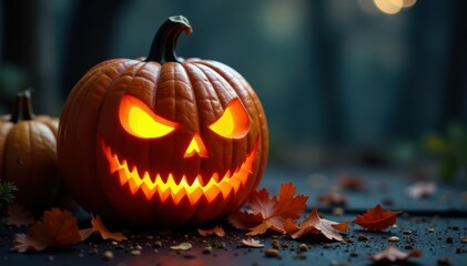 Ghoulish pumpkin carving, intricate details, eerie glow, dark, carving