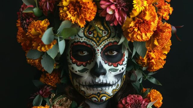 A woman wearing sugar skull makeup and flowers in her hair, suitable for Dia de los Muertos or Halloween-themed projects
