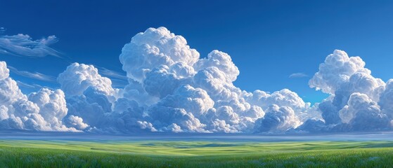 Fototapeta premium Vast Sky with Cumulus Clouds and Lush Grassland