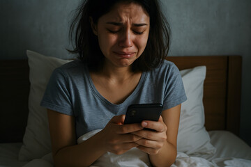 Crying woman in bed looking at phone with emotional expression in cozy bedroom setting

