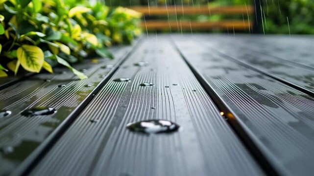 Wet dark gray composite decking with greenery in the background