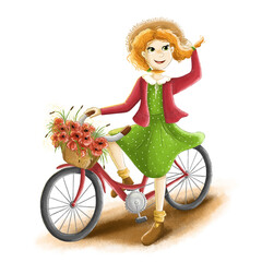Happy young girl is riding by bicycle with the basket of flowers. Redhead girl in the green summer dress.