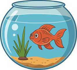 Goldfish in bowl aquarium pet fish tank aquatic animal cartoon drawing illustration