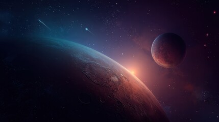 Space and planet background. Planets surface with craters, stars and comets in dark space. Vector illustration. Space sky with planet and satellite, no logos, no brands