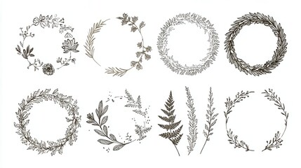 Minimal botanical wedding frame elements on white background. Set of wreath, flowers, leaf branches in hand drawn pattern. Foliage line art design for wedding, card, invitation, greeting, logo., no l