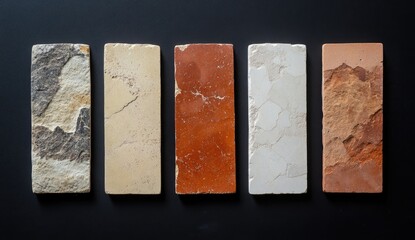 Five rectangular stone tiles, varying in earthy tones, arranged horizontally on a dark surface