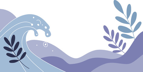 Blue ocean waves and purple hills flat design. Minimalist landscape with water motif and abstract plant elements for background.