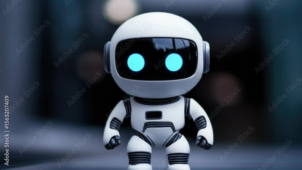 Poster a small toy robot sitting on a table, perfect for illustrations and graphics