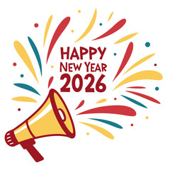 Obraz premium Megaphone announcing happy new year with colorful bursts