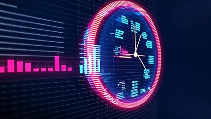 Vibrant digital clock display with colorful data visualization and graphs in a tech-inspired background - Powered by Adobe