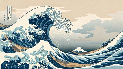 Iconic japanese great wave with mount fuji and boats