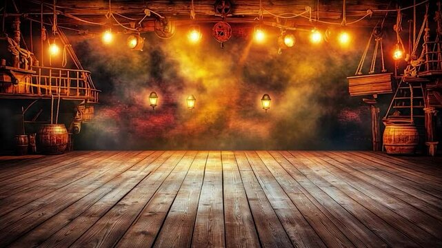 Wooden deck with pirate ship backdrop