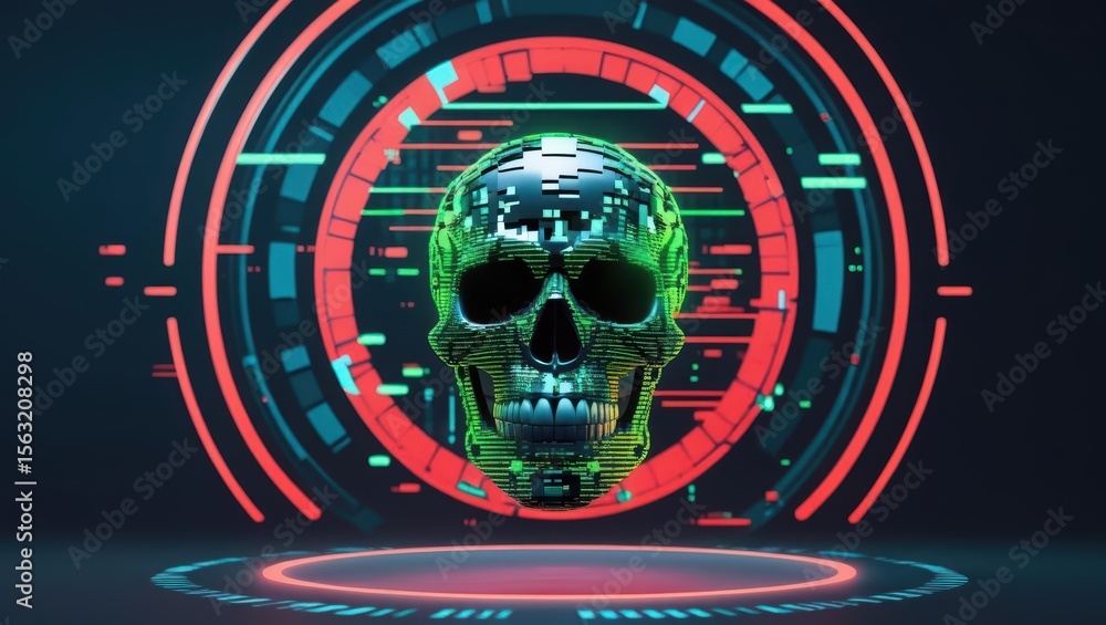 Poster futuristic digital skull graphic with glowing eyes and intricate circuitry patterns surrounded by ci