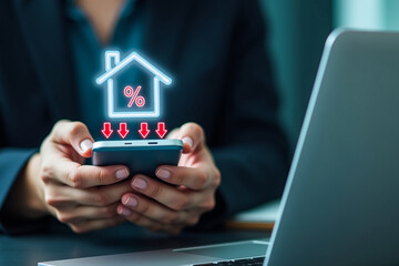 Businessman use smartphone with virtual home icon and down arrows for economical real estate and lower mortgage interest rates. Reduced prices for rental housing, Demand for home purchases decreases.