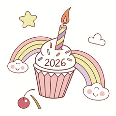 Cupcake with candle and rainbow sprinkles cherry