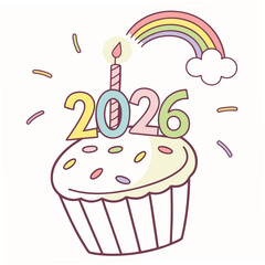 Cupcake with 2026 candle rainbow and sprinkles vector