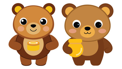Kawaii bear character holding honey jar, rosy cheeks and fuzzy texture, flat style vector, isolated on transparent background, AI Generative