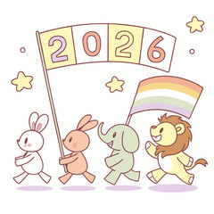 Cute animals parade with year 2026 flags vector