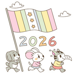 Cute animals parade with pastel flag and year animal parade