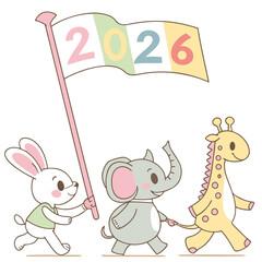 Cute animals parade with year flag animal parade illustration