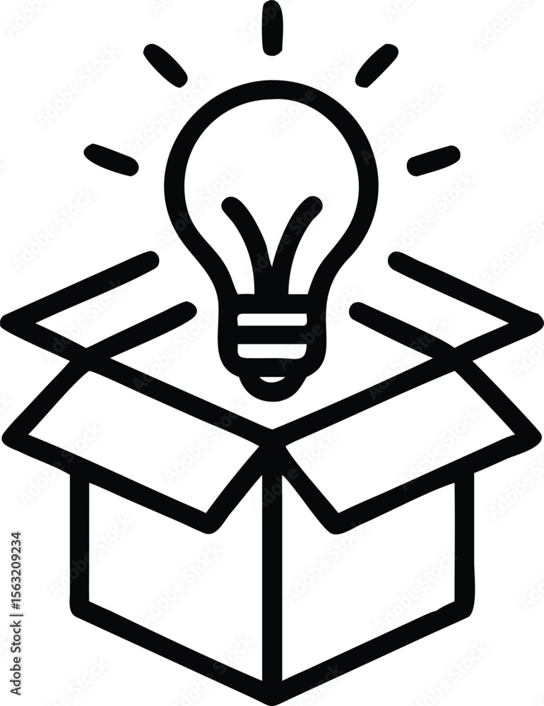 Poster lightbulb above open box outline icon for creativity and ideas