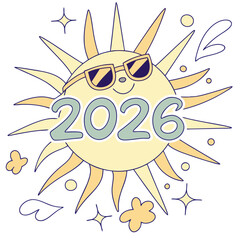 Smiling sun wearing sunglasses with stars and clouds