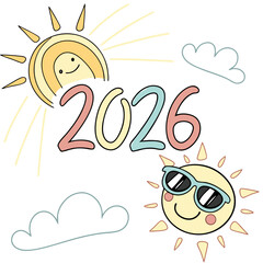 Happy suns with sunglasses and clouds smiling